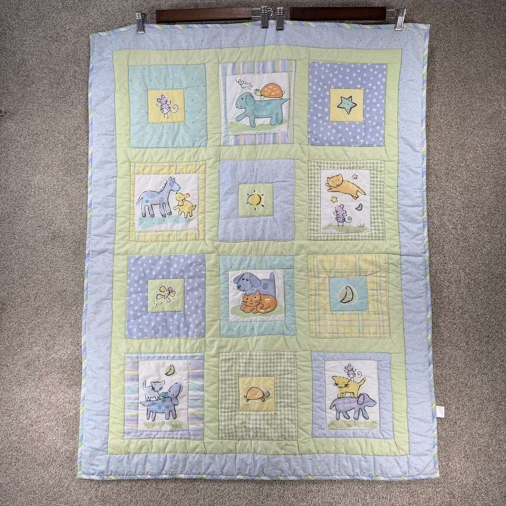 Circo Baby Boy Crib Blanket Quilted Green Blue Cat Dog Animals RARE HTF